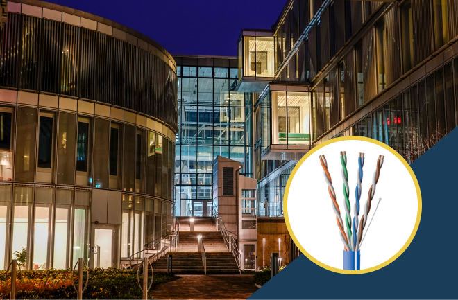 A lit building courtyard at night. Inset image of Gamechanger spliced ends.